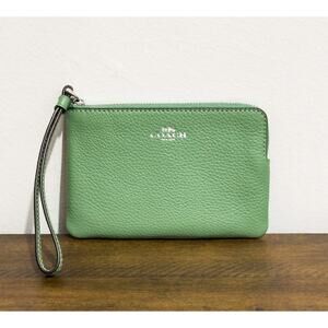 NWT: Coach - Women's Soft Green, Leather, Corner Wristlet with Silver Logo